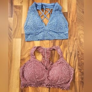 Lace Bralette - Blue & Mauve Floral Crochet Lace